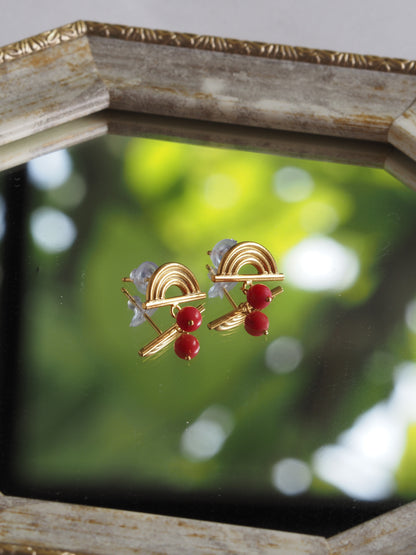24K Gold Plated Red Coral Pierce【Monsoon Drop】by Aakar