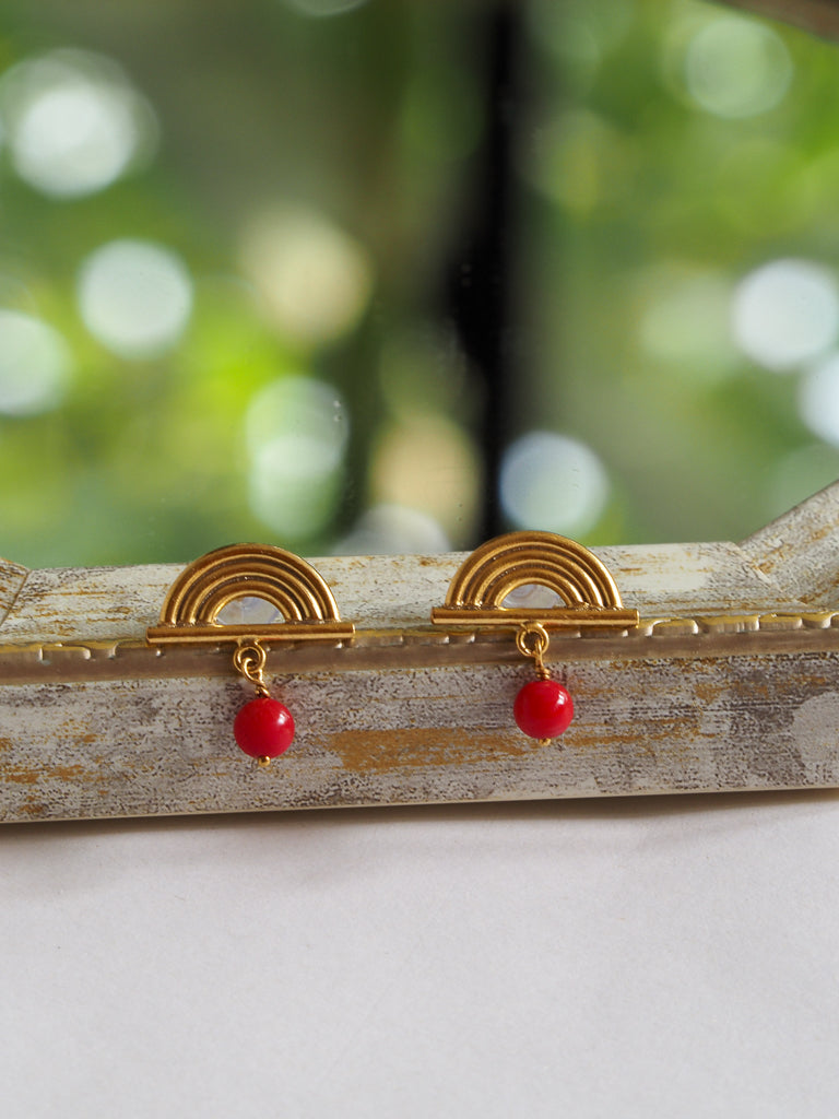 24K Gold Plated Red Coral Pierce【Monsoon Drop】by Aakar